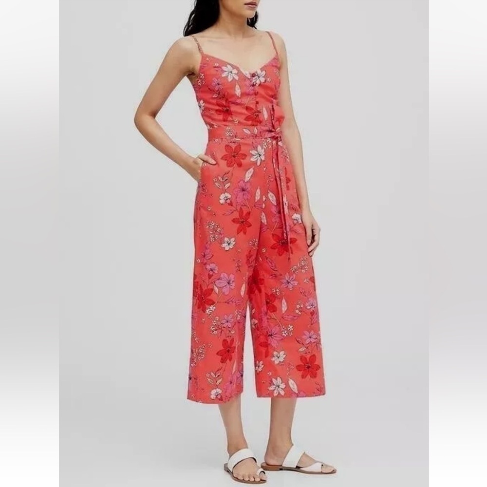 Banana Republic Cropped Linen Cotton Wide Leg Cropped Jumpsuit Red Floral Size 2